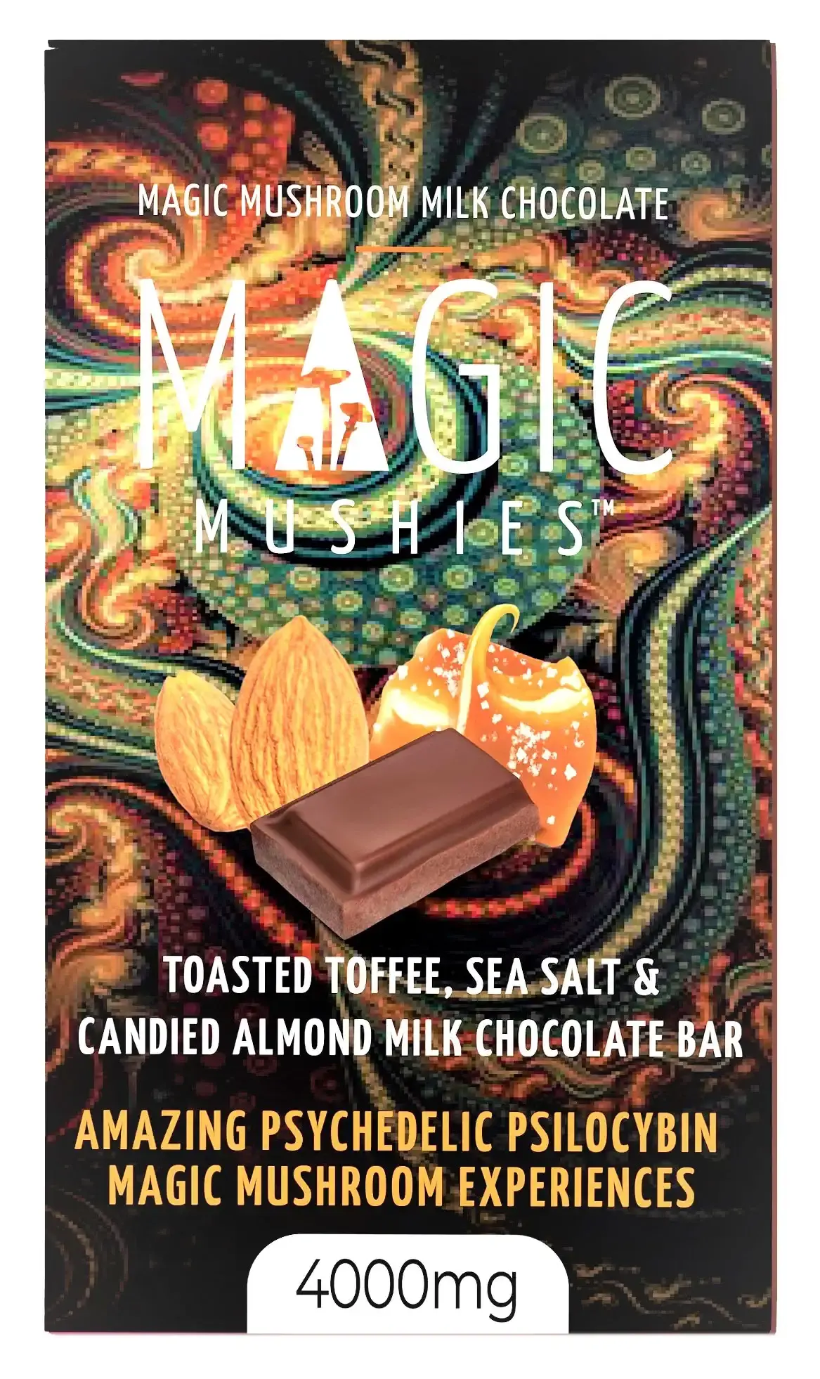 heavenpeak.com | Magic Mushroom Toasted Toffee, Sea Salt & Candied Almond Milk Chocolate Bar 4000mgmagic-mushroom-almond-toffee-milk-chocolate-bar-box-front-with-bar- magic-mushroom-almond-toffee-milk-chocolate-bar-box-front-with-bar-